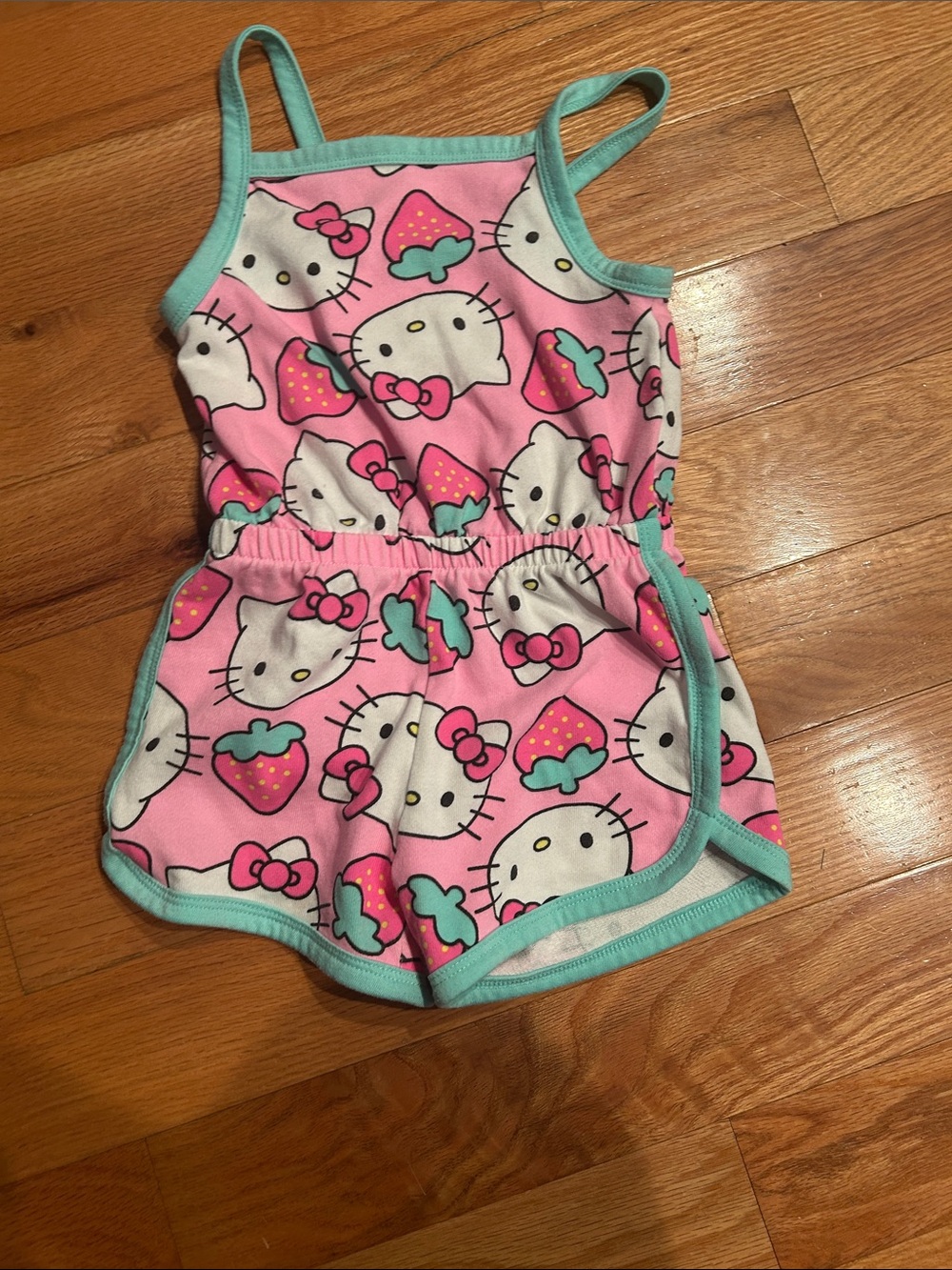 Hello Kitty Pink & Aqua Girls' SleevelessRomper - Strawberry Print